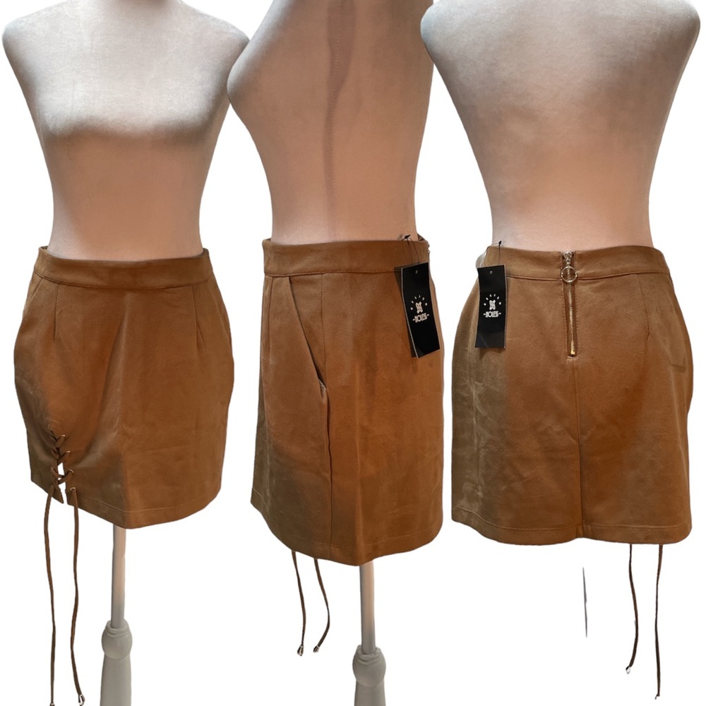 NWT Relish Noless Tan Faux Suede Zip Back Tied Side Slit Mini Skirt Size Small